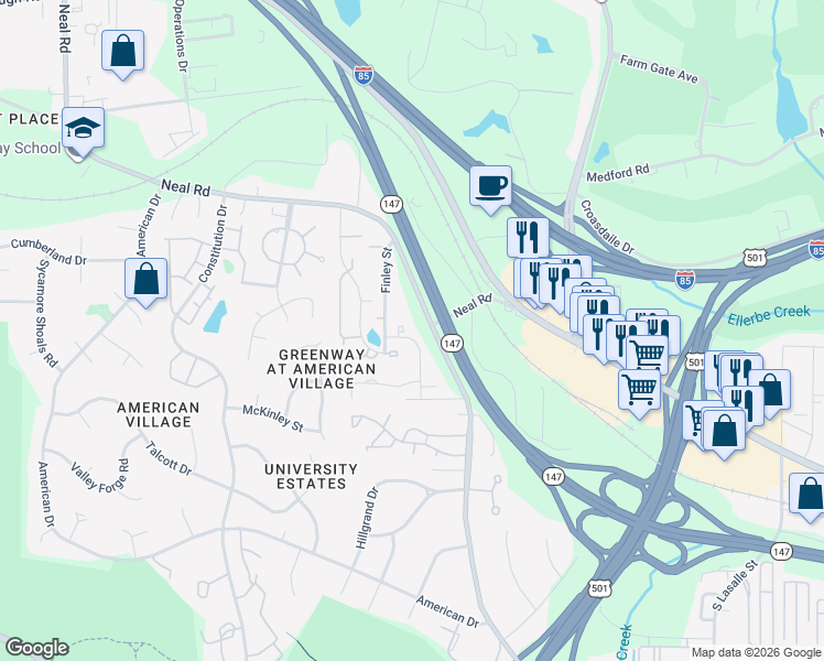 map of restaurants, bars, coffee shops, grocery stores, and more near 100 Galway Glenn Ln in Durham