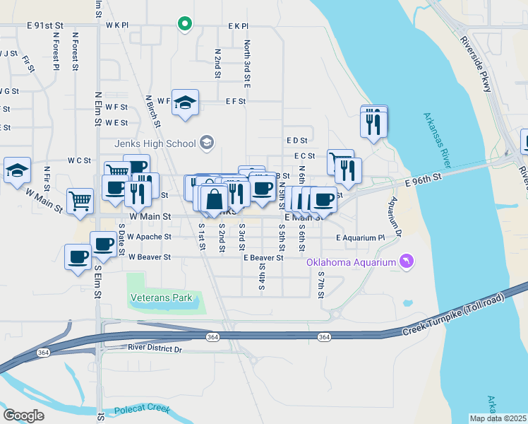 map of restaurants, bars, coffee shops, grocery stores, and more near 381 East Main Street in Jenks