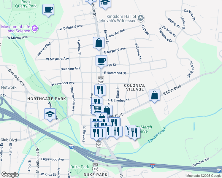 map of restaurants, bars, coffee shops, grocery stores, and more near 2516 Banner Street in Durham