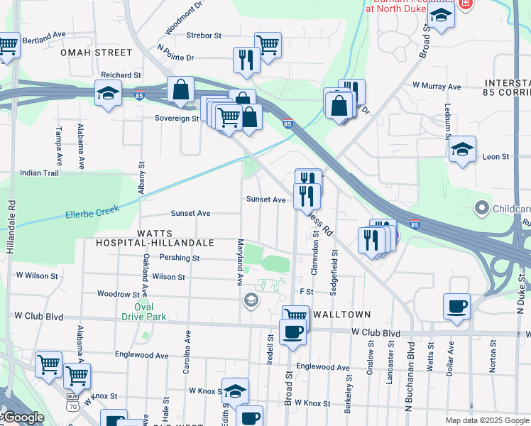 map of restaurants, bars, coffee shops, grocery stores, and more near 1616 Delaware Avenue in Durham