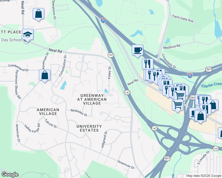 map of restaurants, bars, coffee shops, grocery stores, and more near 100 Galway Glenn Ln in Durham