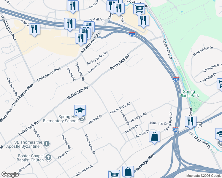 map of restaurants, bars, coffee shops, grocery stores, and more near 1623 Leconte Road in Knoxville