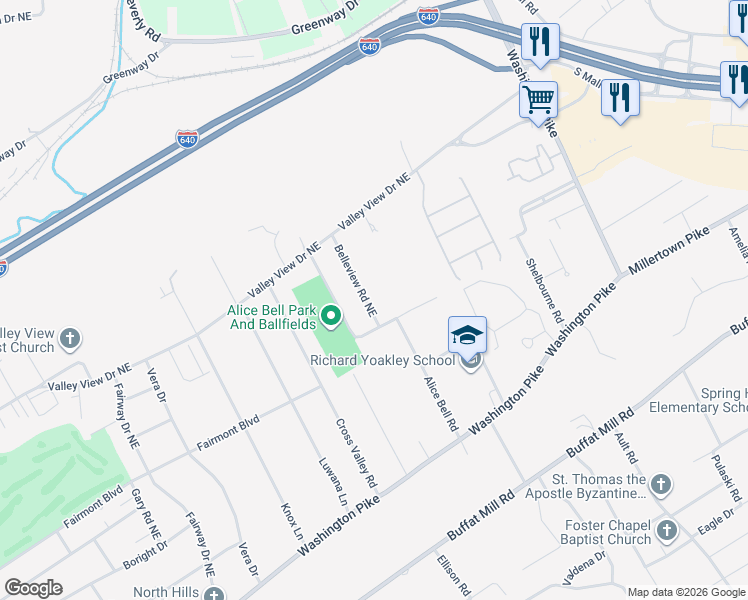 map of restaurants, bars, coffee shops, grocery stores, and more near 3403 Belleview Road Northeast in Knoxville
