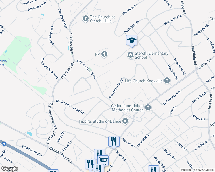 map of restaurants, bars, coffee shops, grocery stores, and more near 719 Sterchi Park Way in Knoxville
