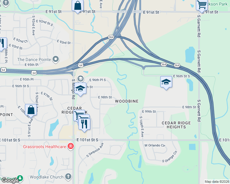 map of restaurants, bars, coffee shops, grocery stores, and more near 10227 East 98th Street in Tulsa