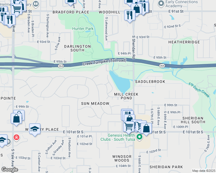 map of restaurants, bars, coffee shops, grocery stores, and more near 9707 South Lakewood Place in Tulsa