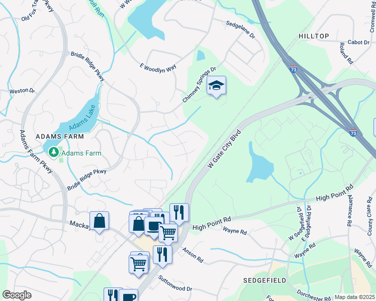 map of restaurants, bars, coffee shops, grocery stores, and more near 4901 Heritage Woods Court in Greensboro