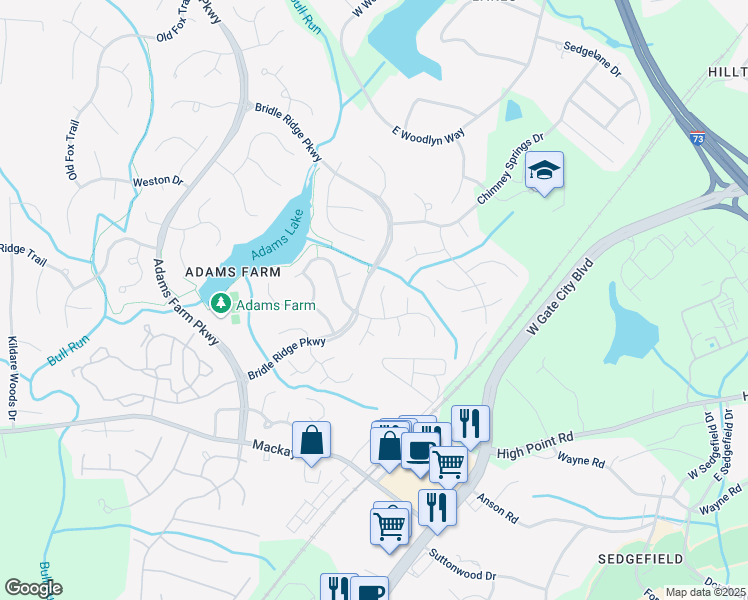map of restaurants, bars, coffee shops, grocery stores, and more near 3 Creekstone Court in Greensboro