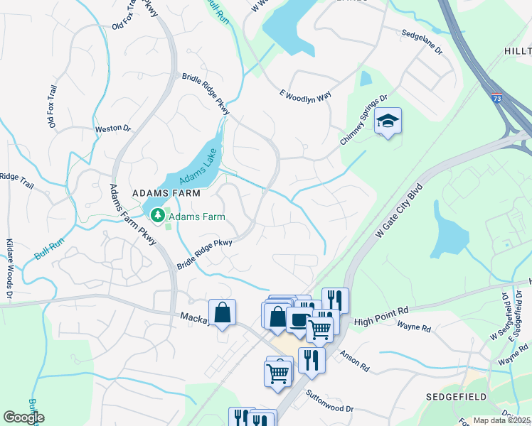 map of restaurants, bars, coffee shops, grocery stores, and more near 7 Creekstone Court in Greensboro
