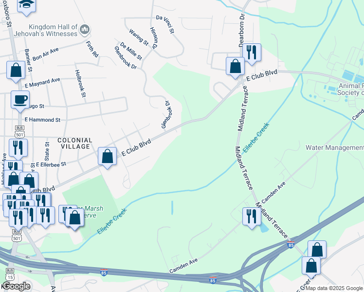 map of restaurants, bars, coffee shops, grocery stores, and more near 1200 East Club Boulevard in Durham