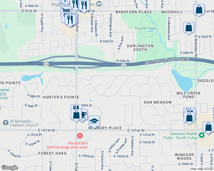 map of restaurants, bars, coffee shops, grocery stores, and more near 9720 South Darlington Avenue in Tulsa