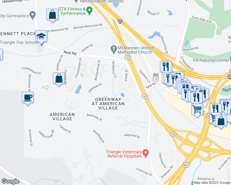 map of restaurants, bars, coffee shops, grocery stores, and more near 30 Prestwick Place in Durham