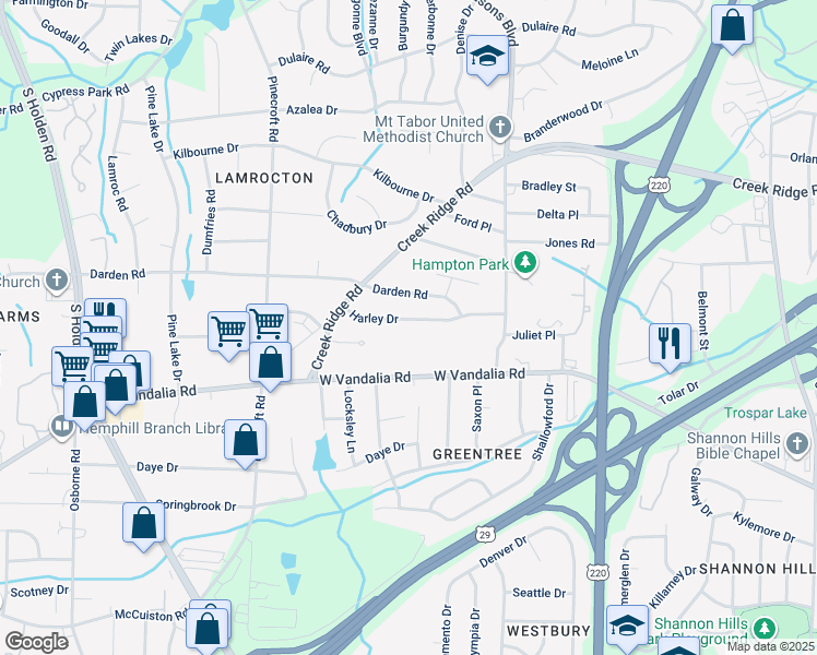 map of restaurants, bars, coffee shops, grocery stores, and more near 2505 Harley Drive in Greensboro