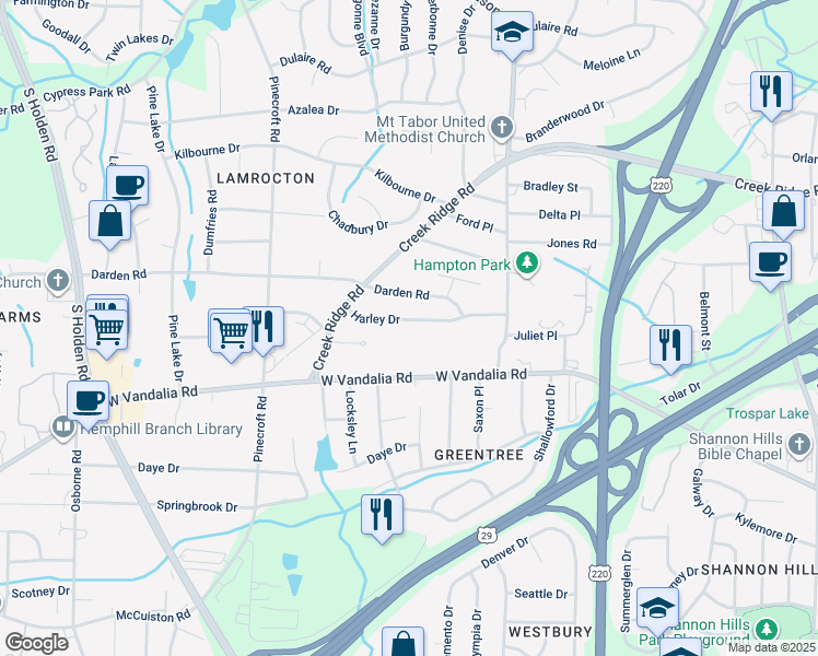 map of restaurants, bars, coffee shops, grocery stores, and more near 2505 Harley Drive in Greensboro