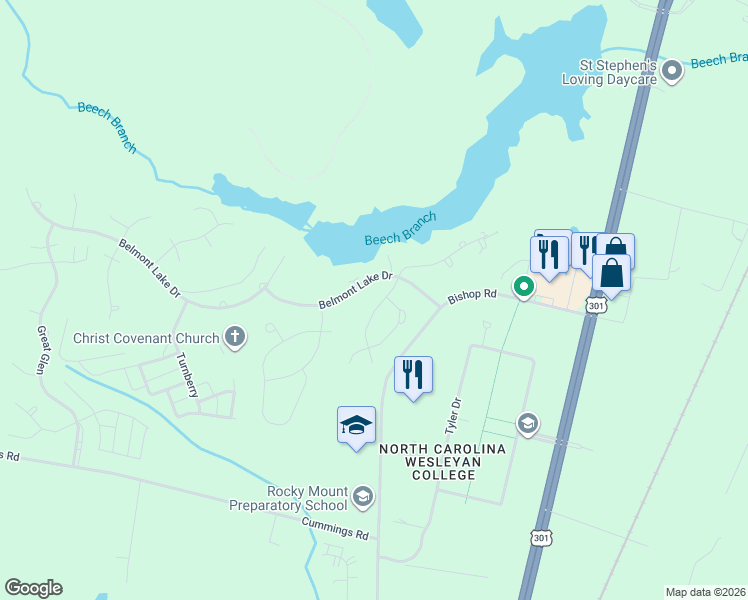 map of restaurants, bars, coffee shops, grocery stores, and more near 503 Woods Walk Lane in Rocky Mount