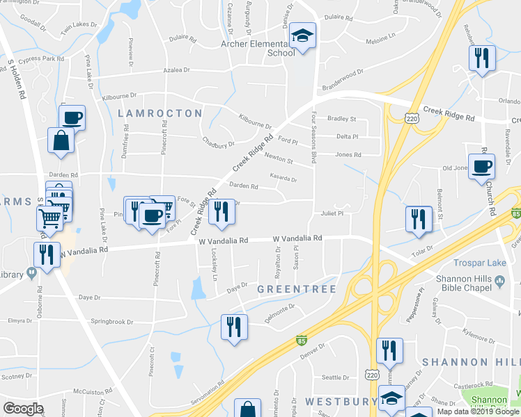 map of restaurants, bars, coffee shops, grocery stores, and more near 2501 Harley Drive in Greensboro