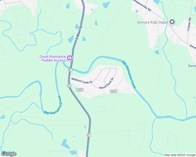 map of restaurants, bars, coffee shops, grocery stores, and more near 205A Mallard Creek Drive in Graham