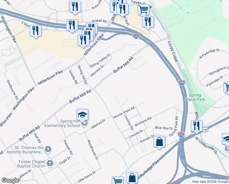 map of restaurants, bars, coffee shops, grocery stores, and more near 1623 Leconte Road in Knoxville