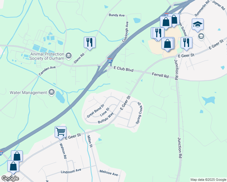 map of restaurants, bars, coffee shops, grocery stores, and more near 6 Grosmont Court in Durham