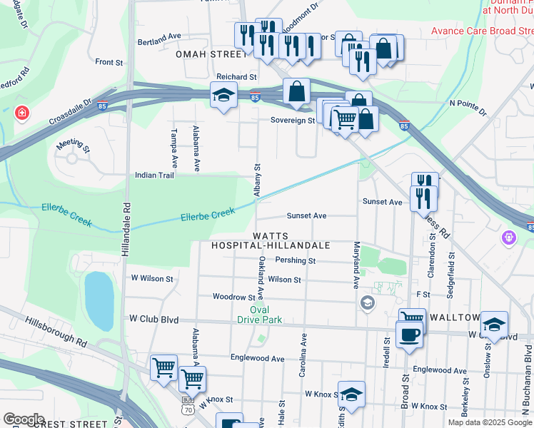 map of restaurants, bars, coffee shops, grocery stores, and more near 2130 Sunset Avenue in Durham