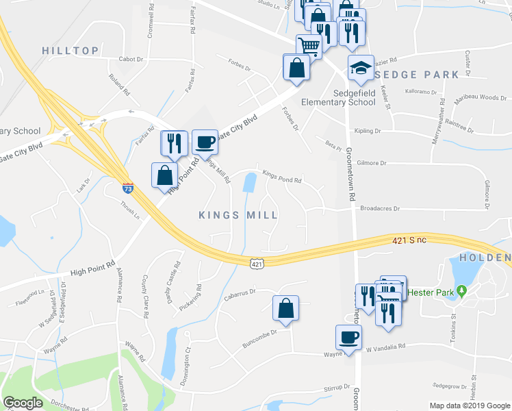 map of restaurants, bars, coffee shops, grocery stores, and more near 2706 Harleck Court in Greensboro