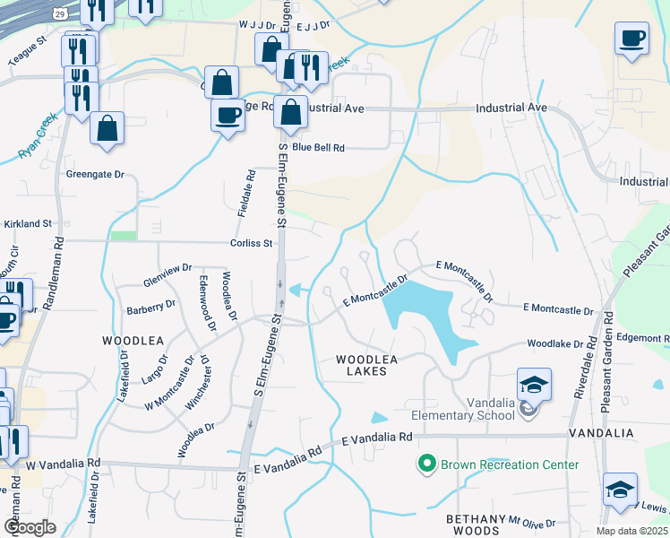 map of restaurants, bars, coffee shops, grocery stores, and more near 315 East Montcastle Drive in Greensboro
