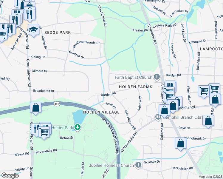 map of restaurants, bars, coffee shops, grocery stores, and more near 3003 Glen Hollow Road in Greensboro