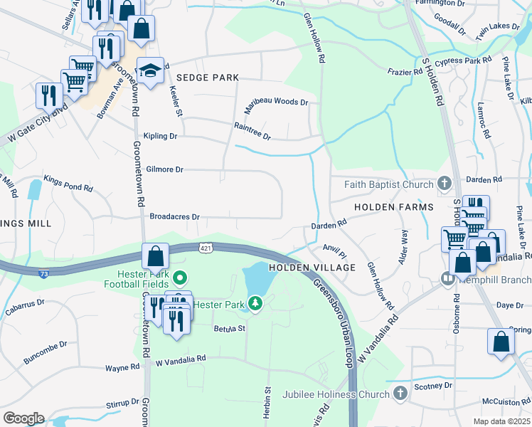 map of restaurants, bars, coffee shops, grocery stores, and more near 3804 Broadacres Drive in Greensboro