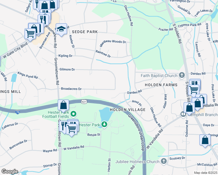 map of restaurants, bars, coffee shops, grocery stores, and more near 3804 Broadacres Drive in Greensboro