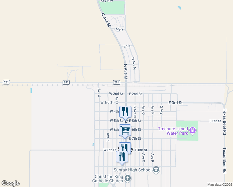 map of restaurants, bars, coffee shops, grocery stores, and more near 200 Avenue L in Sunray