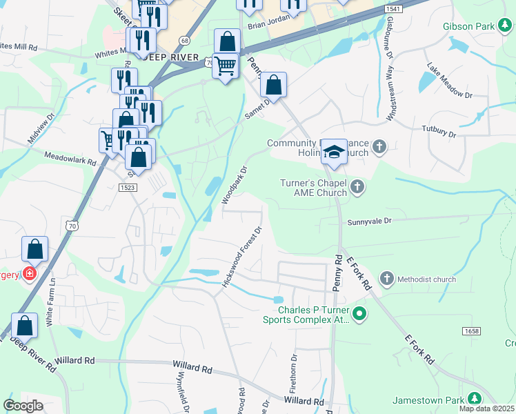 map of restaurants, bars, coffee shops, grocery stores, and more near 3933 Garden Creek Drive in High Point