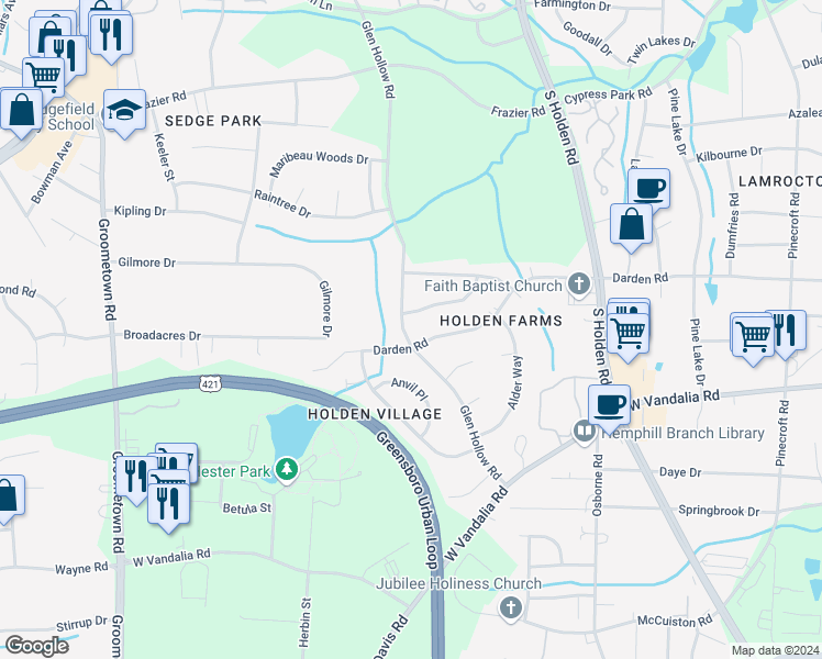 map of restaurants, bars, coffee shops, grocery stores, and more near 3003 Glen Hollow Road in Greensboro