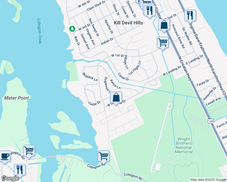 map of restaurants, bars, coffee shops, grocery stores, and more near 606 Cedar Drive in Kill Devil Hills