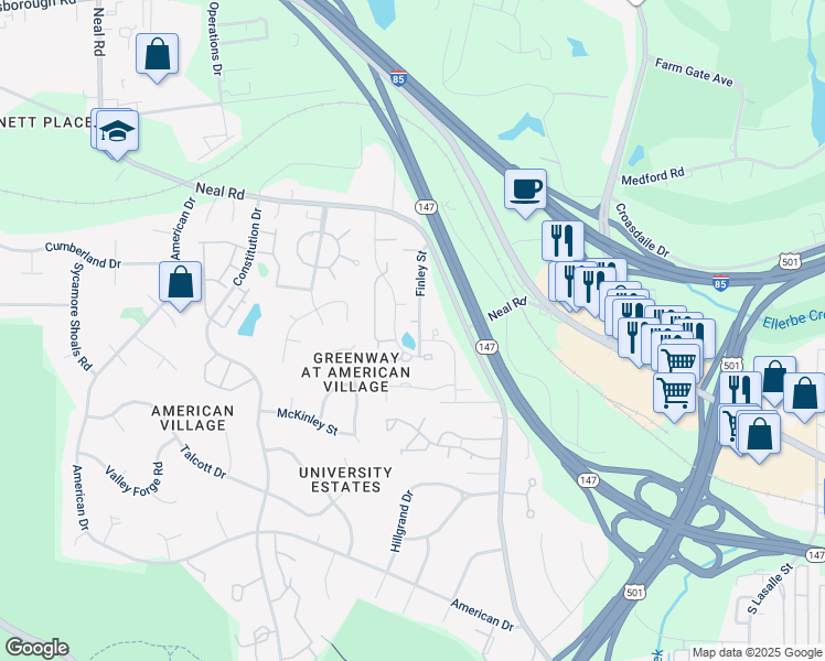 map of restaurants, bars, coffee shops, grocery stores, and more near 24 Durbin Place in Durham