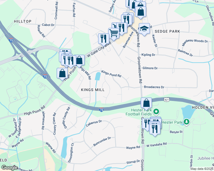 map of restaurants, bars, coffee shops, grocery stores, and more near 2704 Castle Croft Road in Greensboro