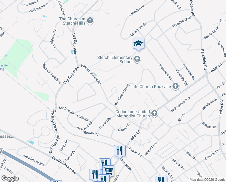 map of restaurants, bars, coffee shops, grocery stores, and more near 847 Sterchi Park Way in Knoxville