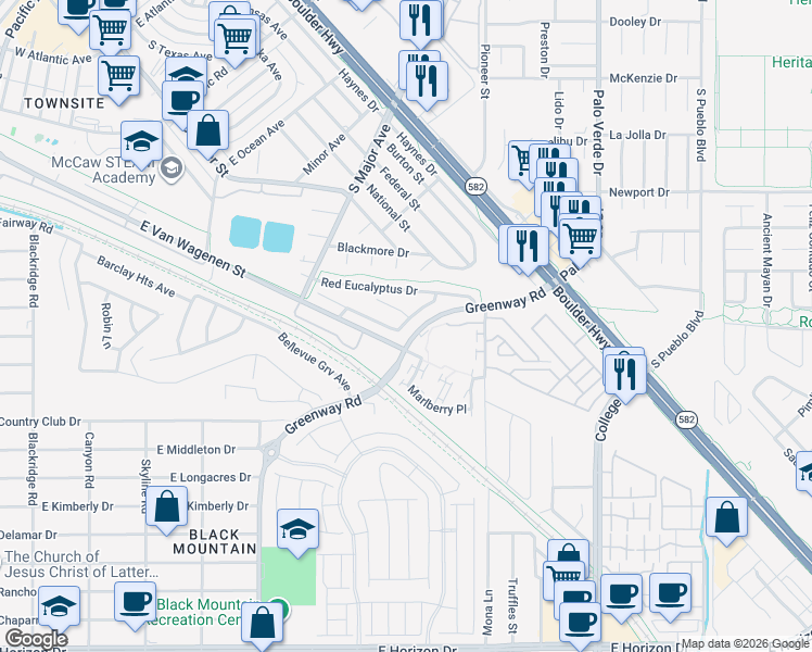 map of restaurants, bars, coffee shops, grocery stores, and more near 184 Sitka Spruce Street in Henderson