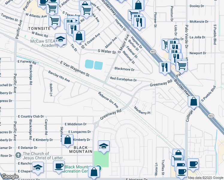 map of restaurants, bars, coffee shops, grocery stores, and more near 435 East Van Wagenen Street in Henderson