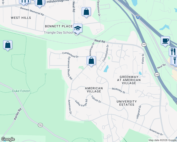 map of restaurants, bars, coffee shops, grocery stores, and more near 8 Wyndham Place in Durham