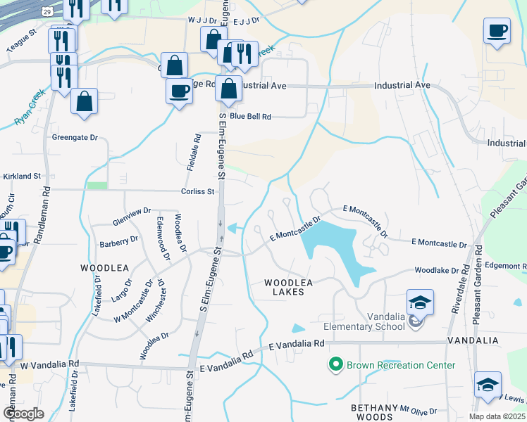 map of restaurants, bars, coffee shops, grocery stores, and more near 315 East Montcastle Drive in Greensboro