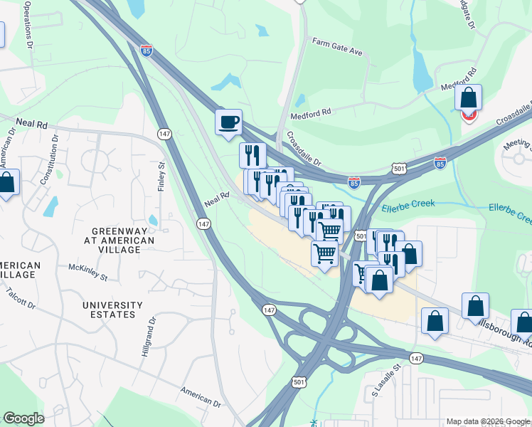 map of restaurants, bars, coffee shops, grocery stores, and more near Hillsborough Road in Durham