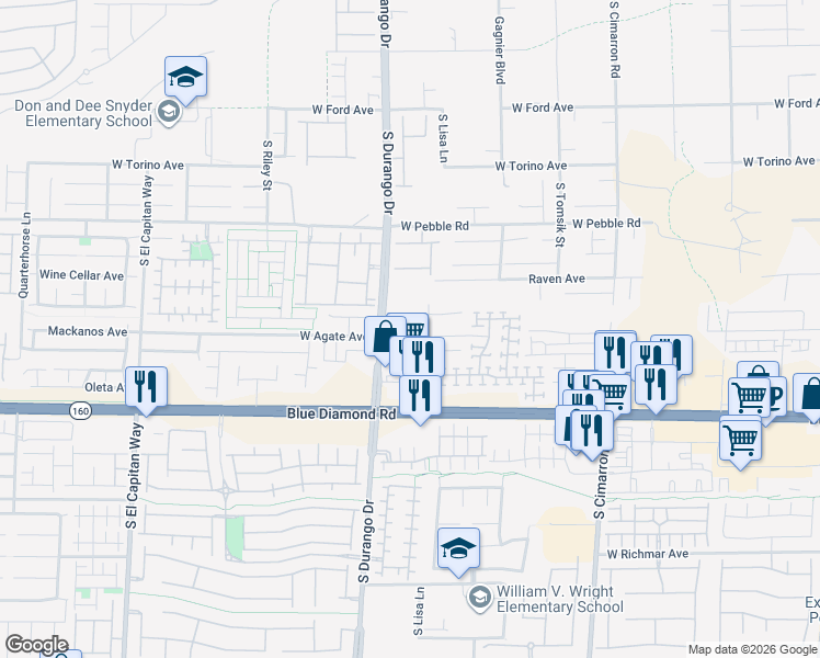 map of restaurants, bars, coffee shops, grocery stores, and more near 8556 West Agate Avenue in Las Vegas