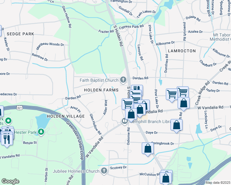 map of restaurants, bars, coffee shops, grocery stores, and more near 3115 Darden Road in Greensboro