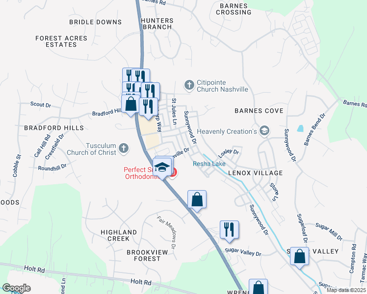 map of restaurants, bars, coffee shops, grocery stores, and more near 7836 Heaton Way in Nashville