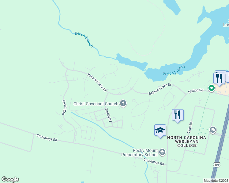 map of restaurants, bars, coffee shops, grocery stores, and more near 3095 Belmont Lake Drive in Rocky Mount
