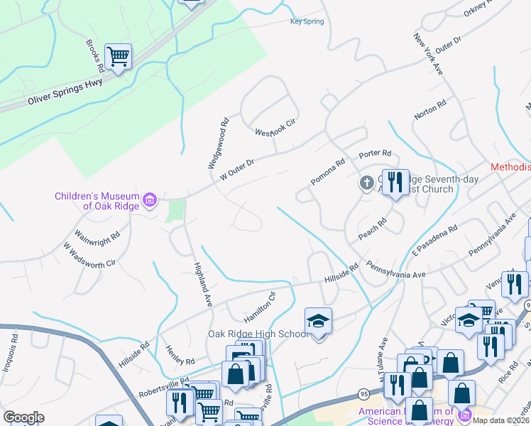 map of restaurants, bars, coffee shops, grocery stores, and more near 158 Waddell Circle in Oak Ridge