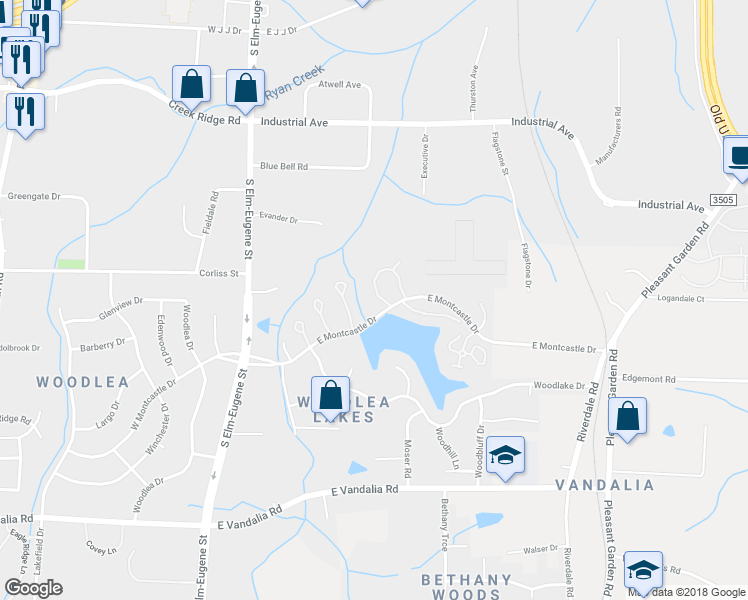 map of restaurants, bars, coffee shops, grocery stores, and more near 345 East Montcastle Drive in Greensboro
