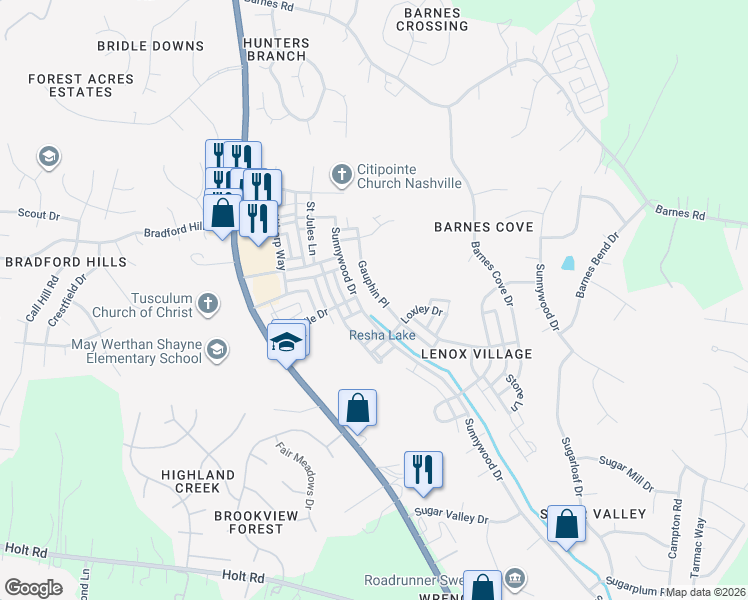 map of restaurants, bars, coffee shops, grocery stores, and more near 8674 Gauphin Place in Nashville