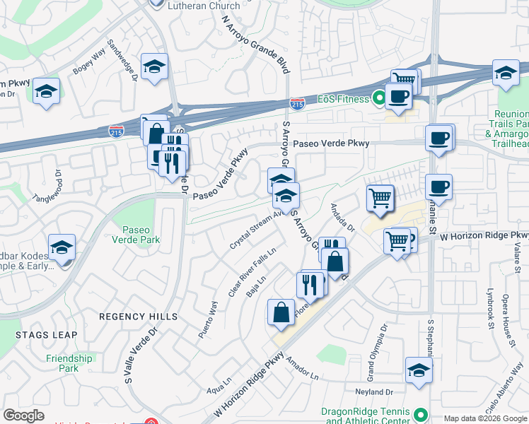 map of restaurants, bars, coffee shops, grocery stores, and more near 239 Jumping Springs Place in Henderson