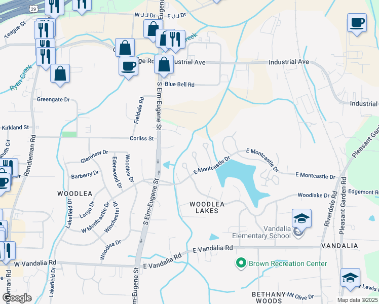 map of restaurants, bars, coffee shops, grocery stores, and more near 315 East Montcastle Drive in Greensboro